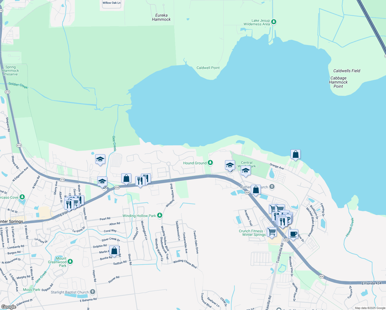 map of restaurants, bars, coffee shops, grocery stores, and more near 738 Seneca Meadows Road in Winter Springs