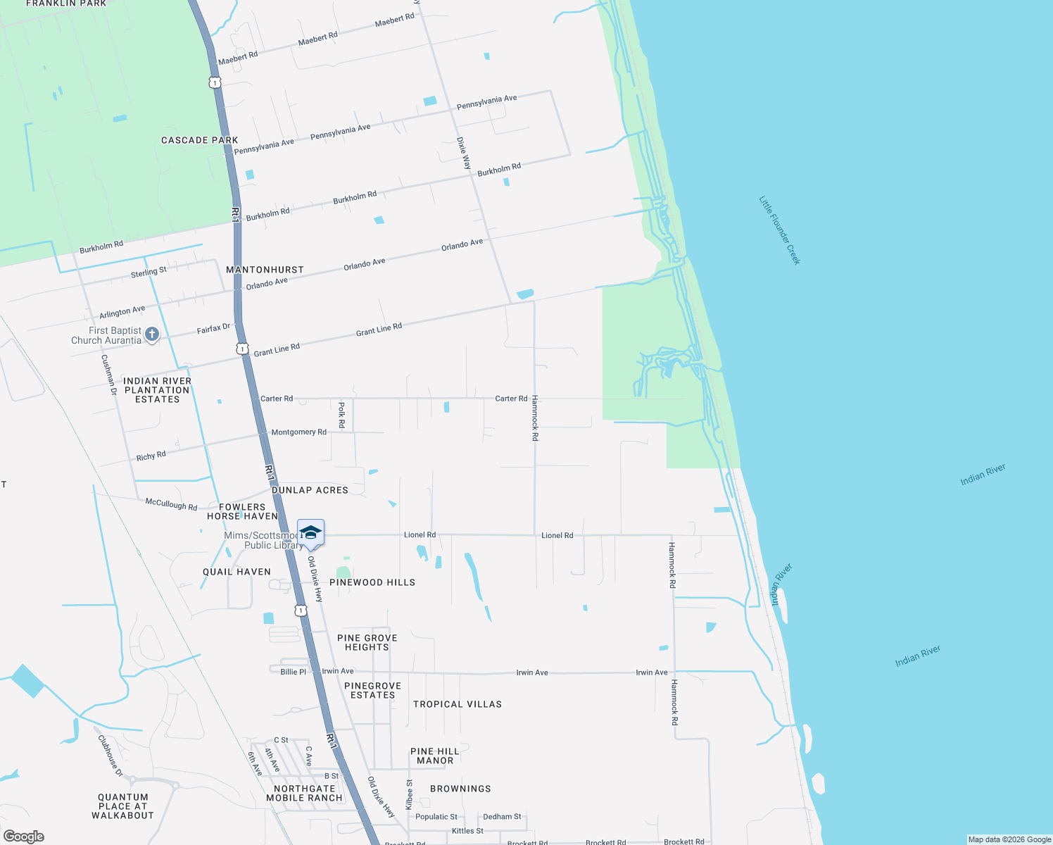 map of restaurants, bars, coffee shops, grocery stores, and more near 3990 Hammock Road in Mims