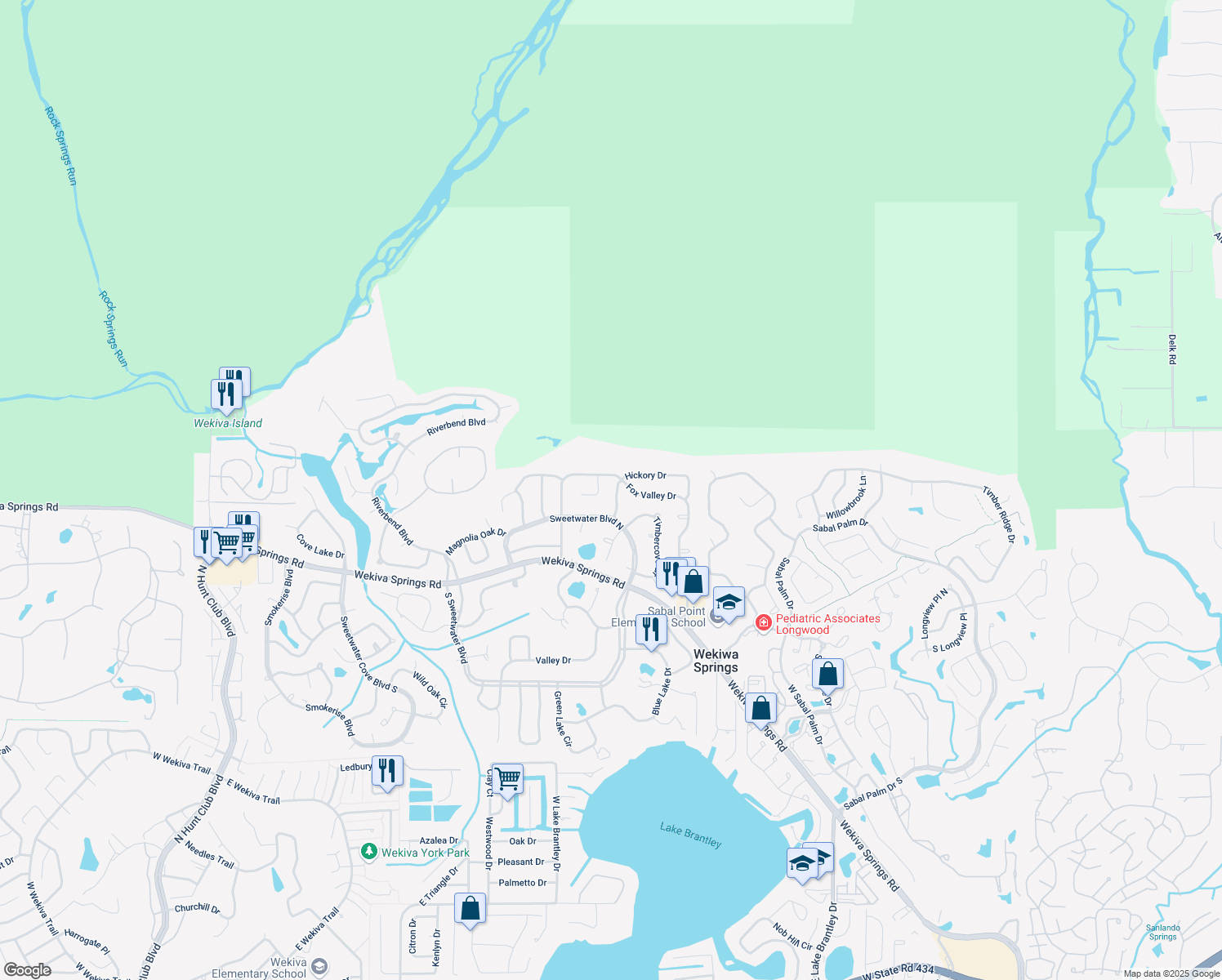 map of restaurants, bars, coffee shops, grocery stores, and more near 105 Hickory Drive in Longwood
