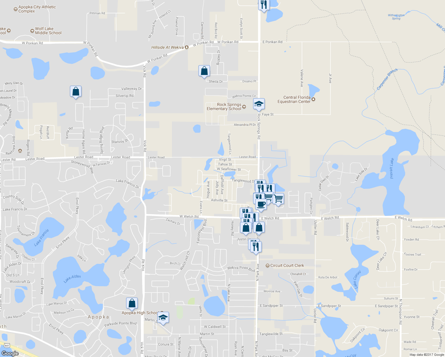 map of restaurants, bars, coffee shops, grocery stores, and more near 438 Alexandria Pl Dr in Apopka