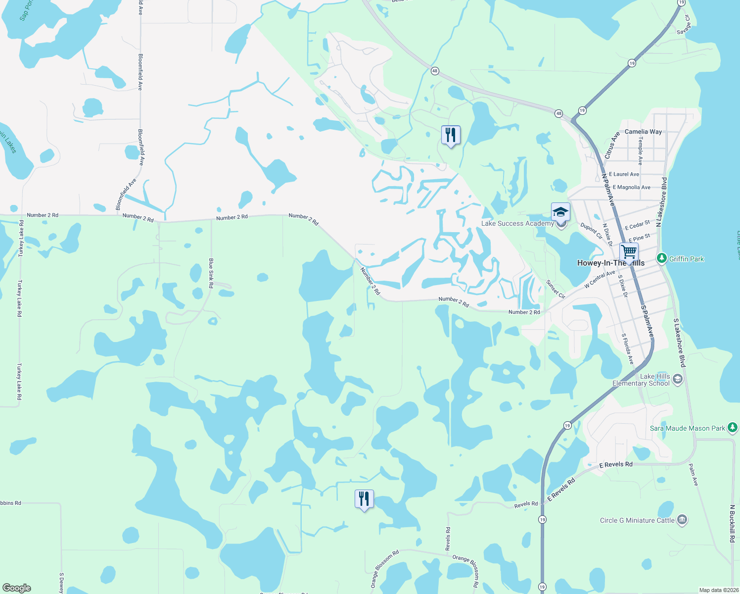 map of restaurants, bars, coffee shops, grocery stores, and more near 9608 Number 2 Road in Howey-in-the-Hills