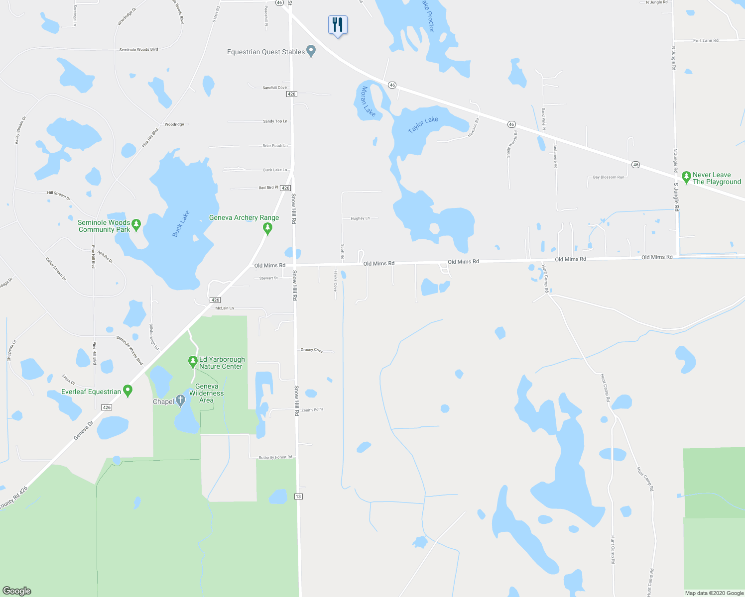 map of restaurants, bars, coffee shops, grocery stores, and more near 395 Old Mims Road in Geneva