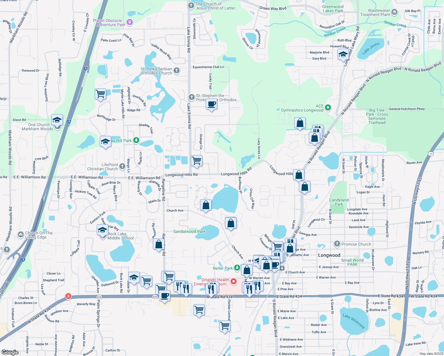 map of restaurants, bars, coffee shops, grocery stores, and more near 470 Longwood Hills Road in Longwood