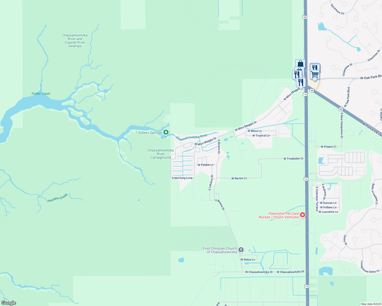 map of restaurants, bars, coffee shops, grocery stores, and more near 8391 West Scott Court in Homosassa