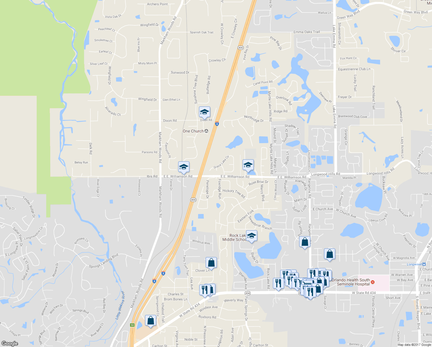 map of restaurants, bars, coffee shops, grocery stores, and more near 1428 North Ridge Court in Longwood