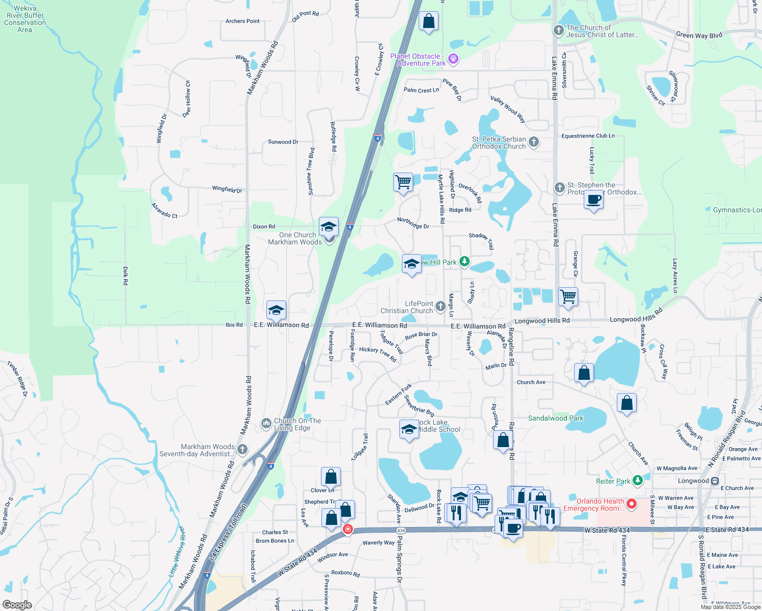 map of restaurants, bars, coffee shops, grocery stores, and more near 1502 Grace Lake Circle in Longwood