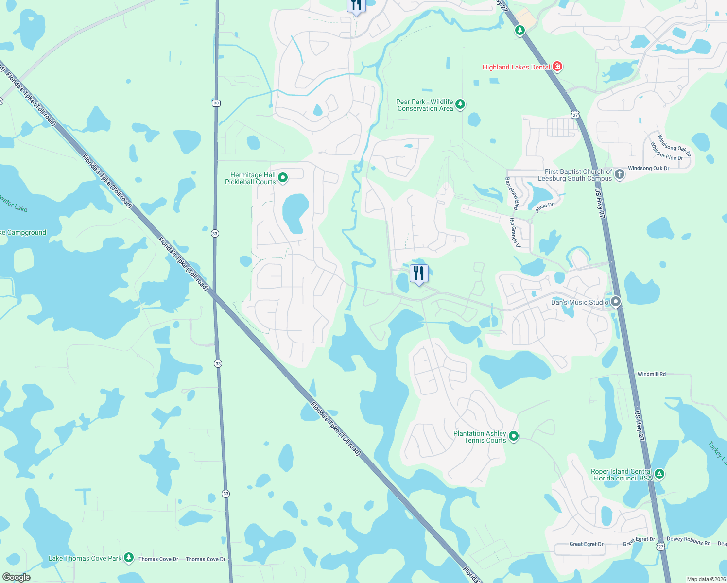 map of restaurants, bars, coffee shops, grocery stores, and more near 25273 Lost Oak Circle in Leesburg
