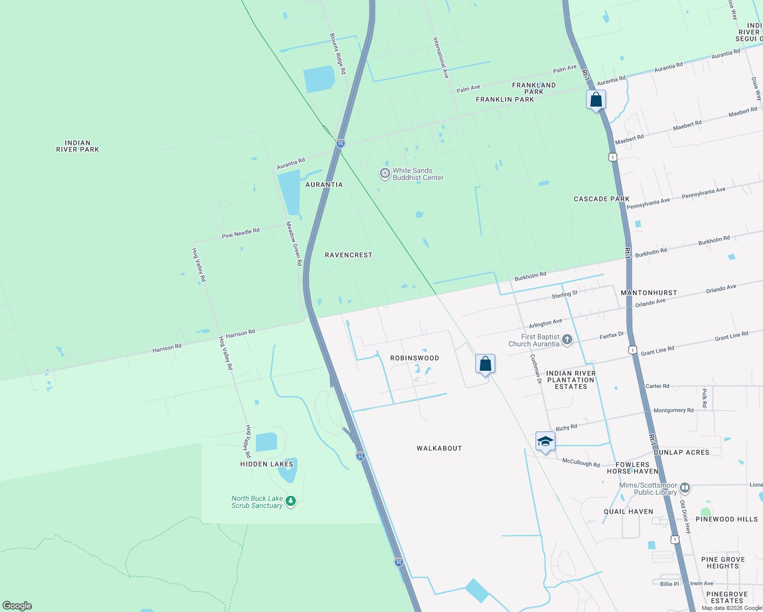 map of restaurants, bars, coffee shops, grocery stores, and more near 4545 Burkholm Road in Mims