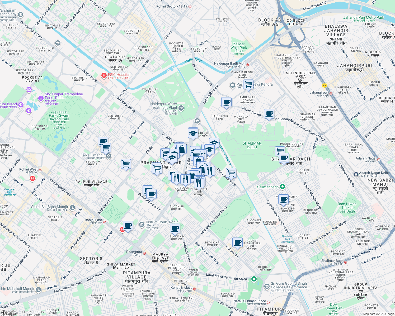 map of restaurants, bars, coffee shops, grocery stores, and more near in Delhi