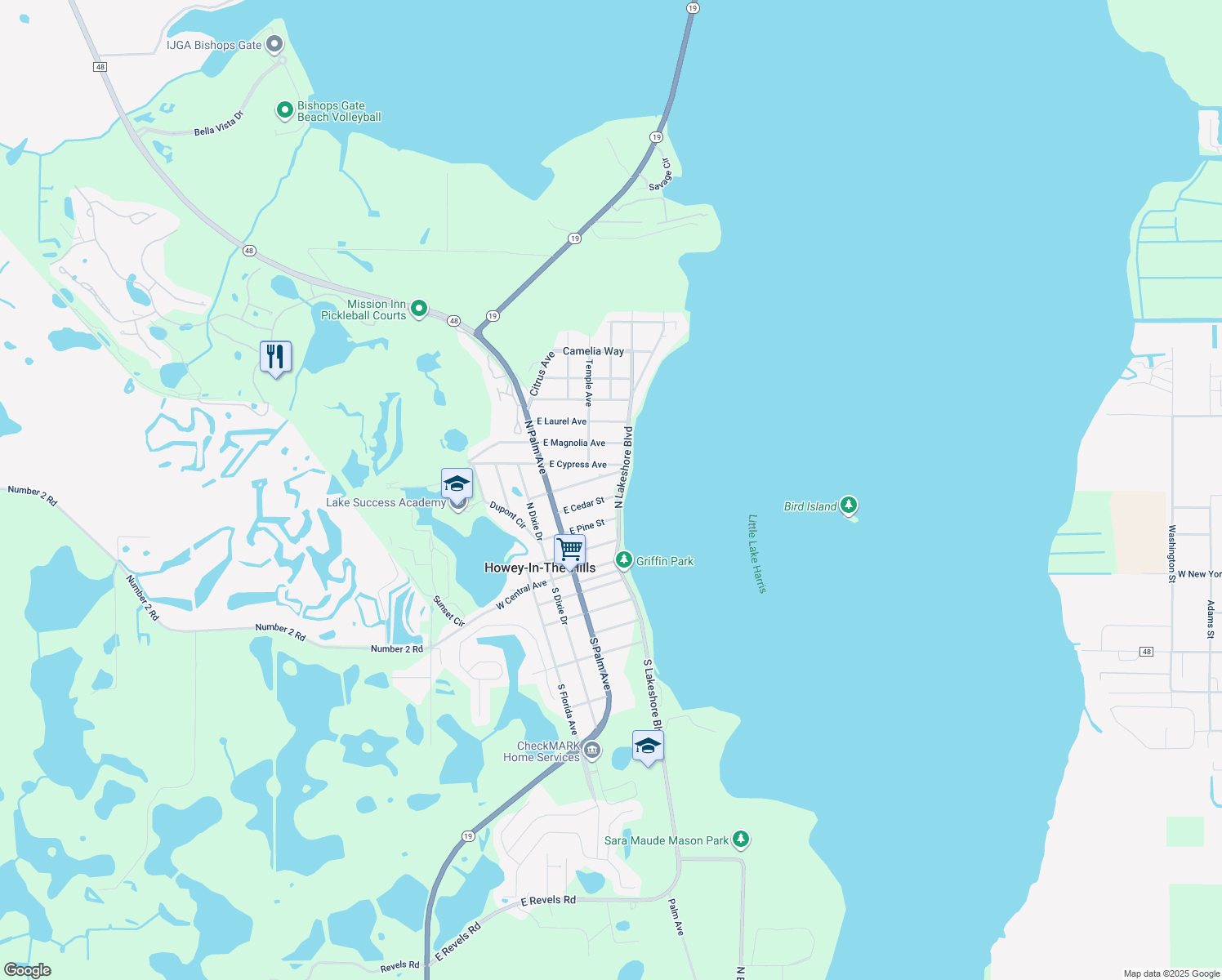 map of restaurants, bars, coffee shops, grocery stores, and more near 130 East Cedar Street in Howey-in-the-Hills