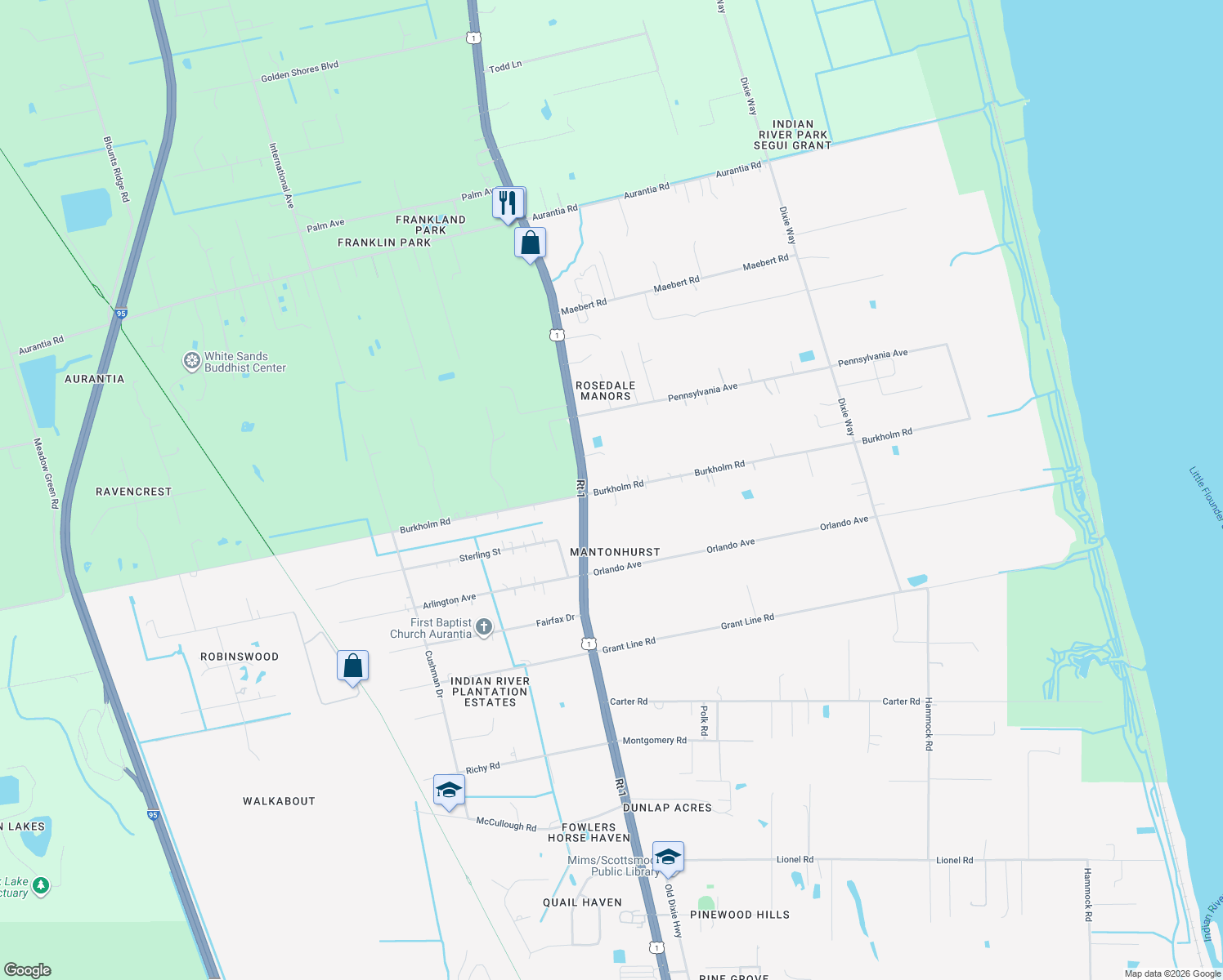 map of restaurants, bars, coffee shops, grocery stores, and more near 3755 Burkholm Road in Mims