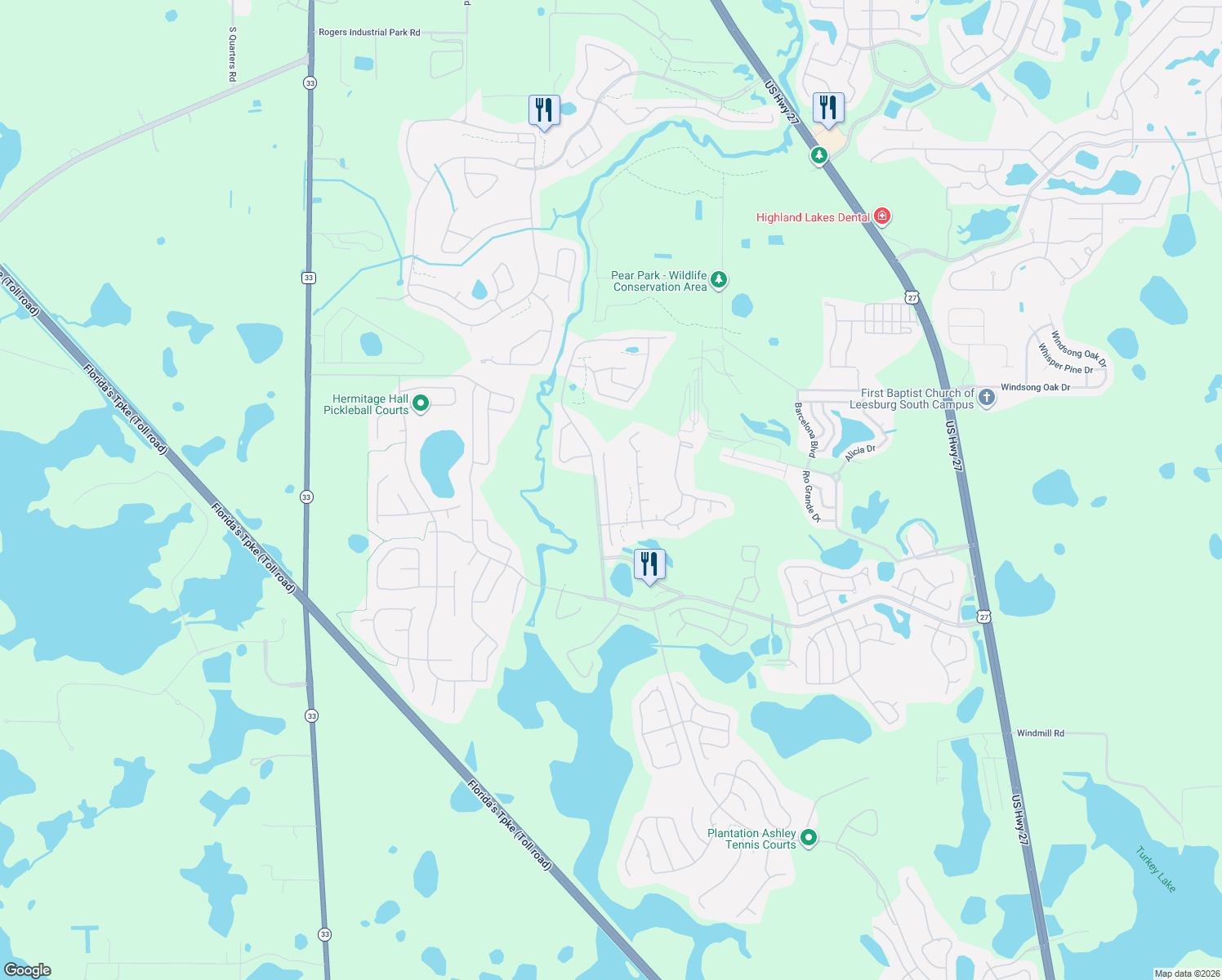 map of restaurants, bars, coffee shops, grocery stores, and more near 25618 Oak Alley in Leesburg