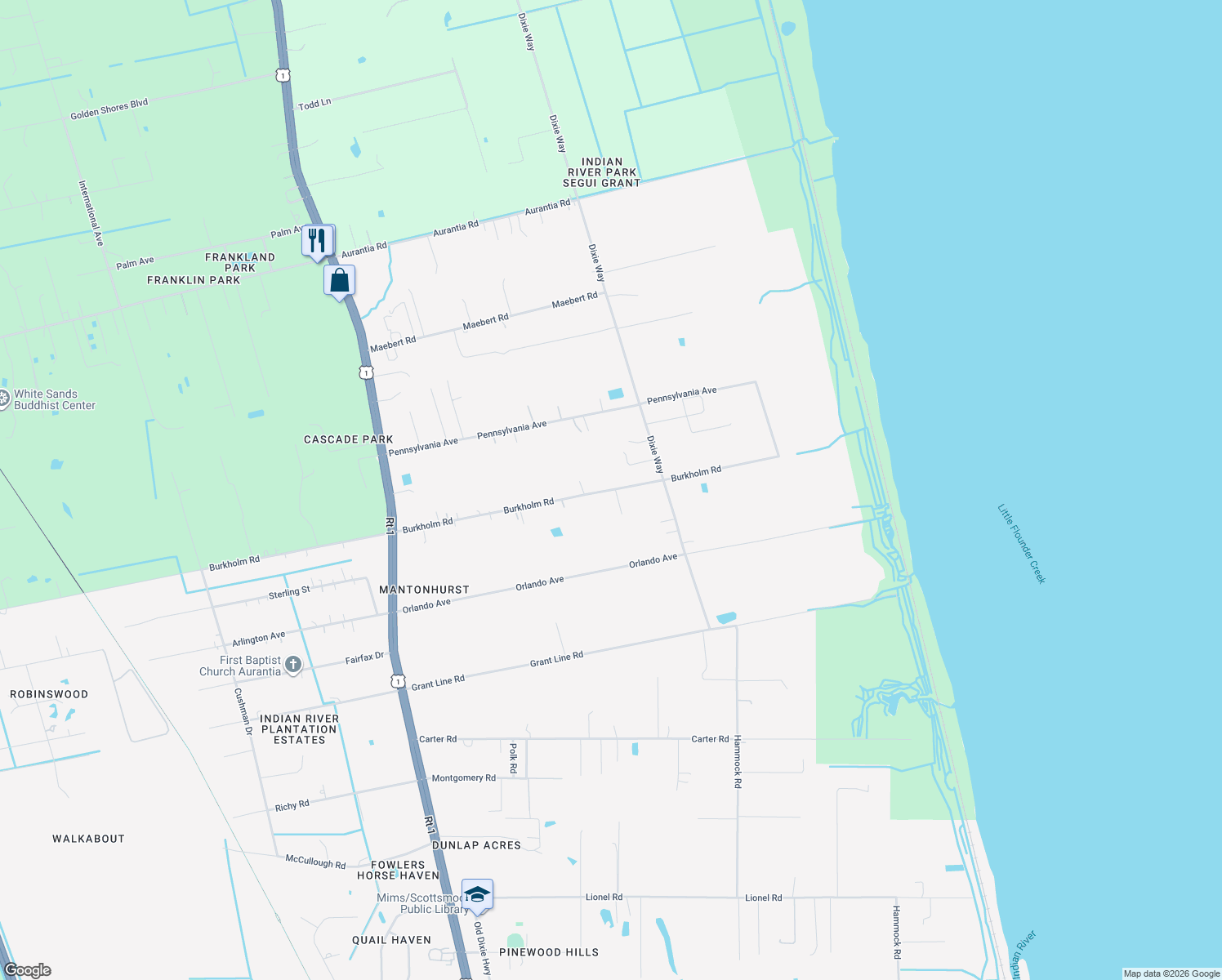 map of restaurants, bars, coffee shops, grocery stores, and more near 3405 Burkholm Road in Mims