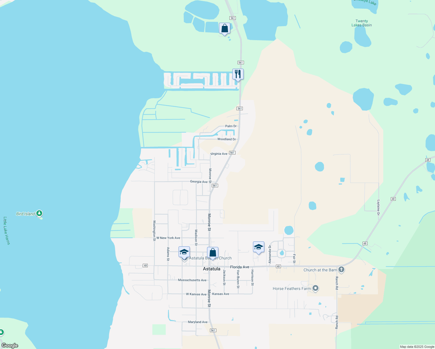 map of restaurants, bars, coffee shops, grocery stores, and more near 25803 County Road 561 in Astatula