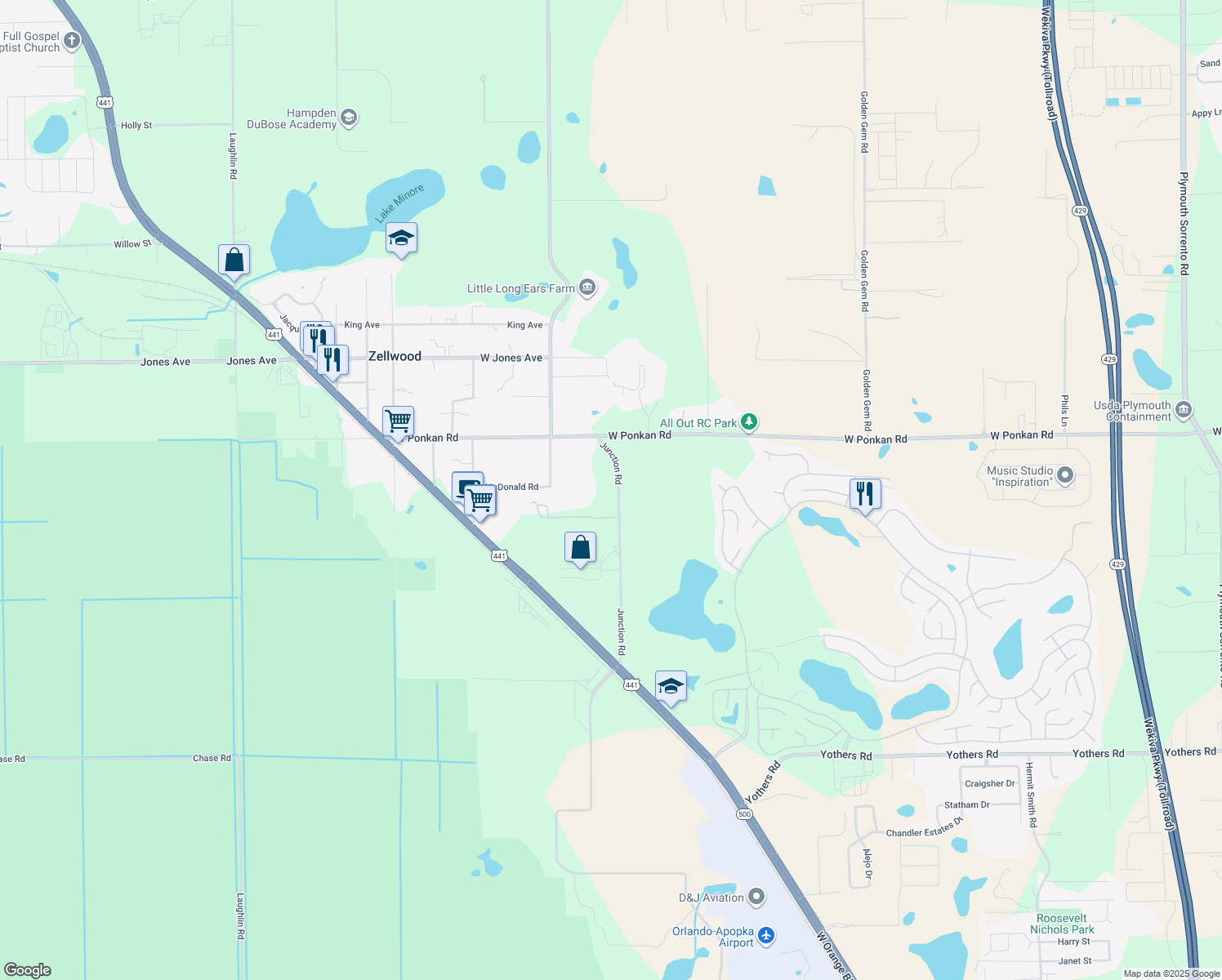 map of restaurants, bars, coffee shops, grocery stores, and more near 2804 Junction Road in Zellwood