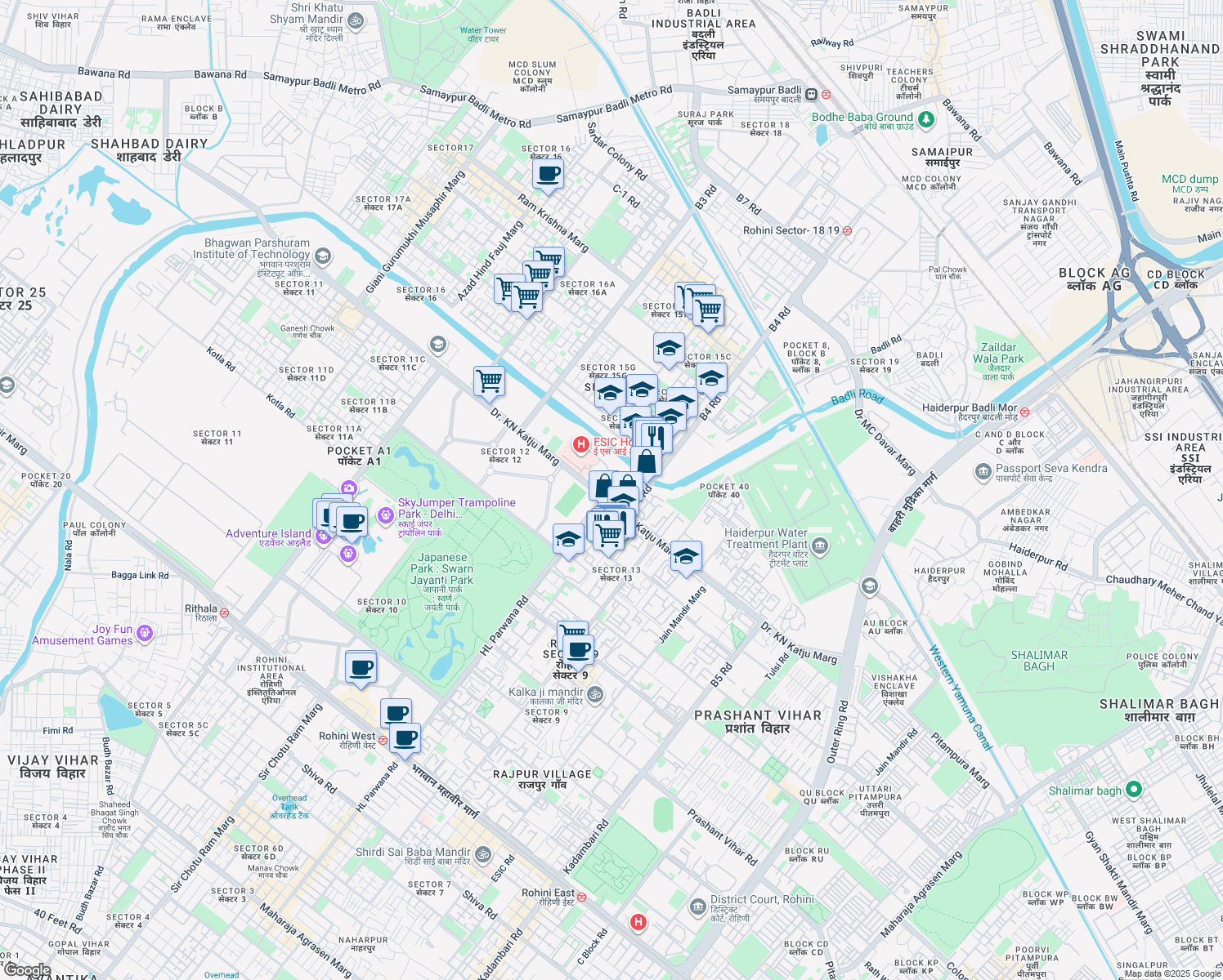 map of restaurants, bars, coffee shops, grocery stores, and more near in Delhi