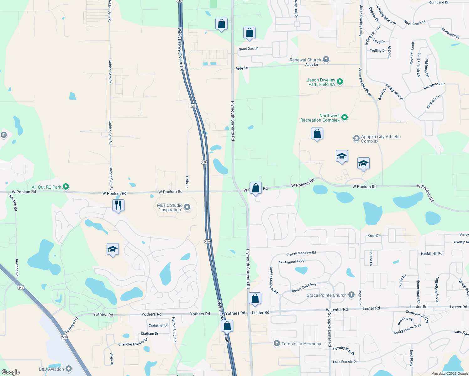 map of restaurants, bars, coffee shops, grocery stores, and more near 3000 Plymouth Sorrento Road in Apopka
