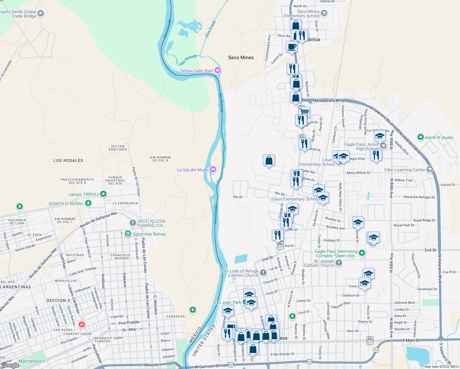 map of restaurants, bars, coffee shops, grocery stores, and more near 1767 Rio Dr in Eagle Pass