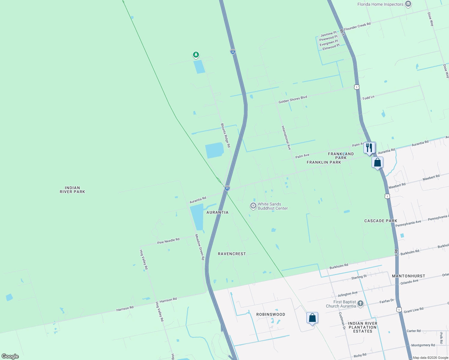 map of restaurants, bars, coffee shops, grocery stores, and more near 5325 Blounts Ridge Road in Mims