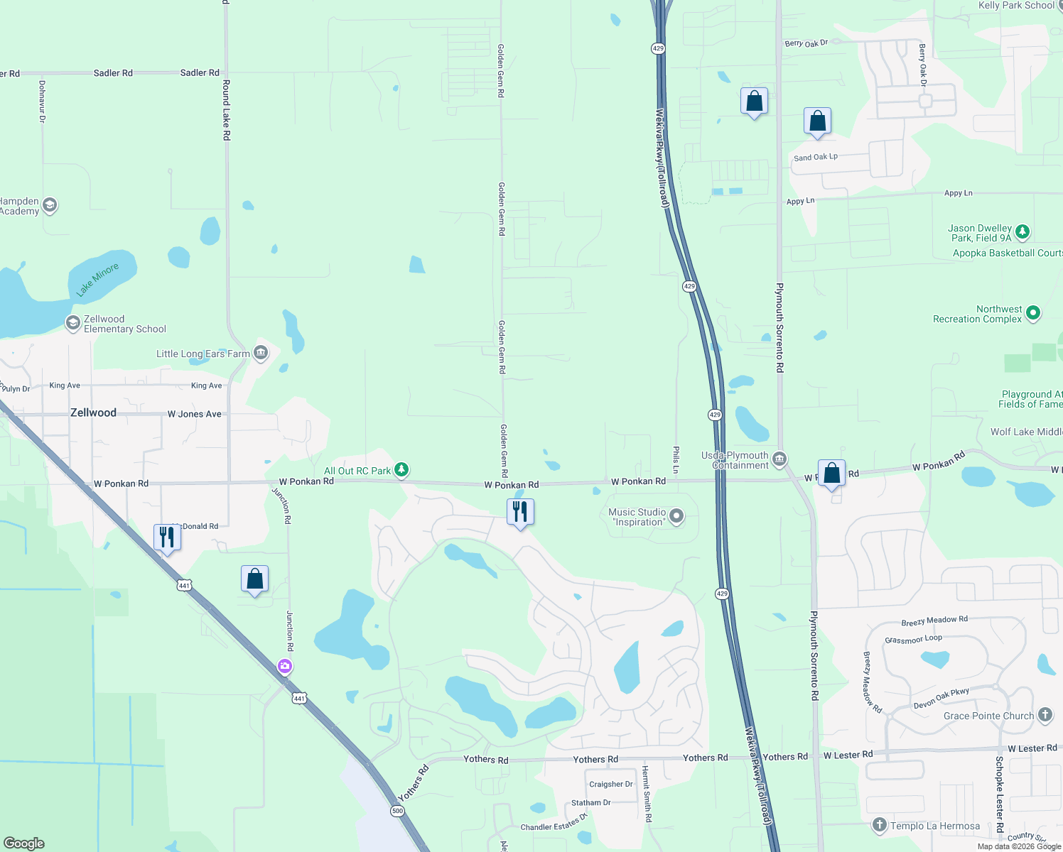 map of restaurants, bars, coffee shops, grocery stores, and more near 3255 Golden Gem Road in Apopka