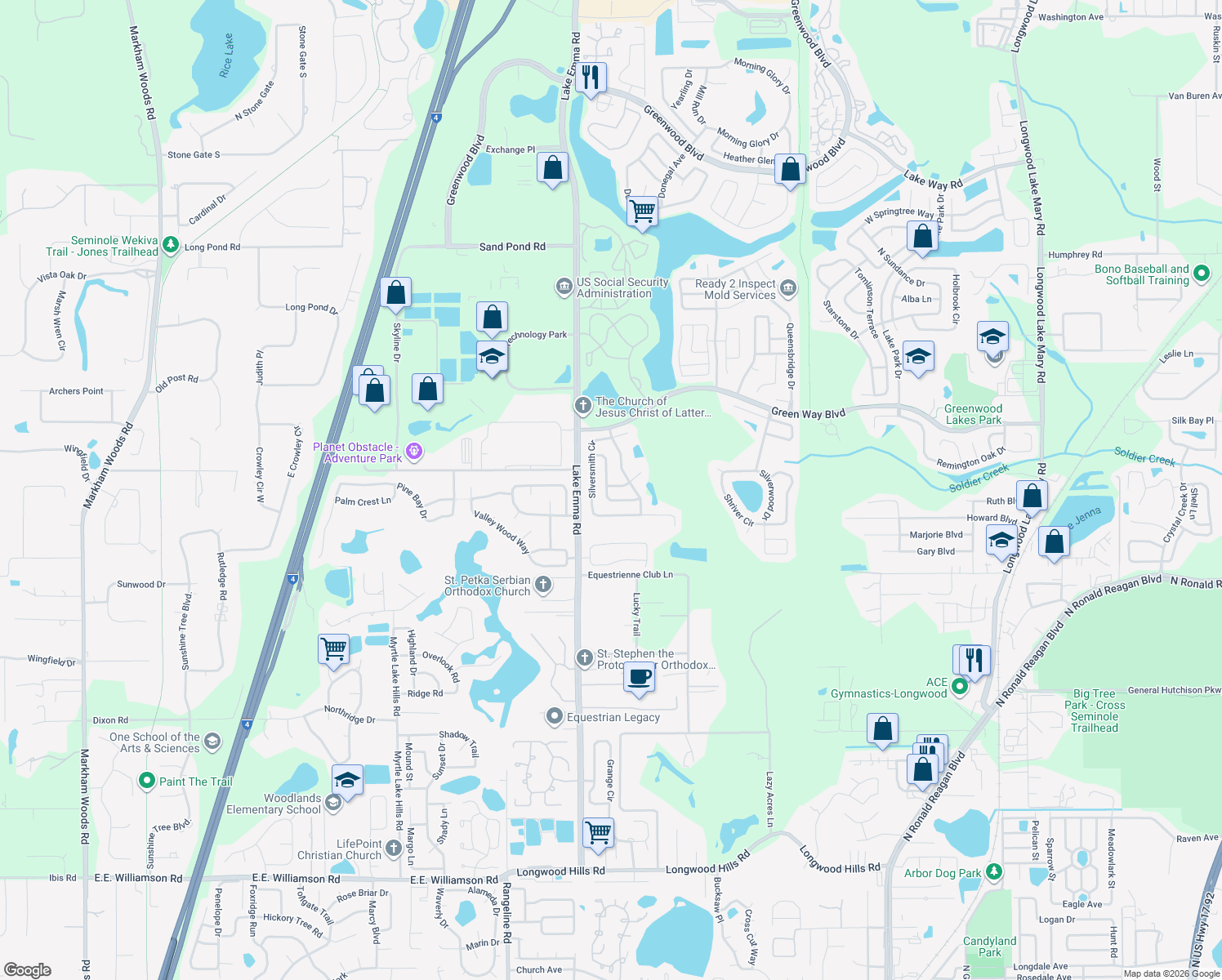 map of restaurants, bars, coffee shops, grocery stores, and more near 909 Stillwell Ln in Lake Mary