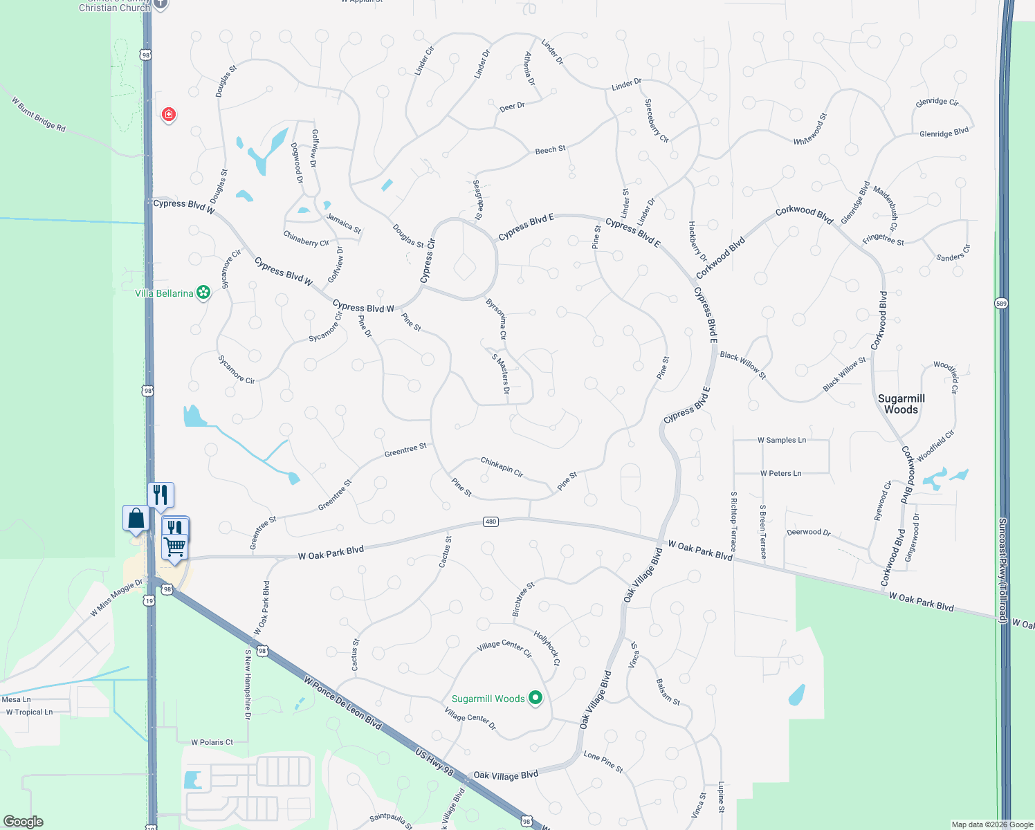 map of restaurants, bars, coffee shops, grocery stores, and more near 31 Byrsonima Loop in Homosassa