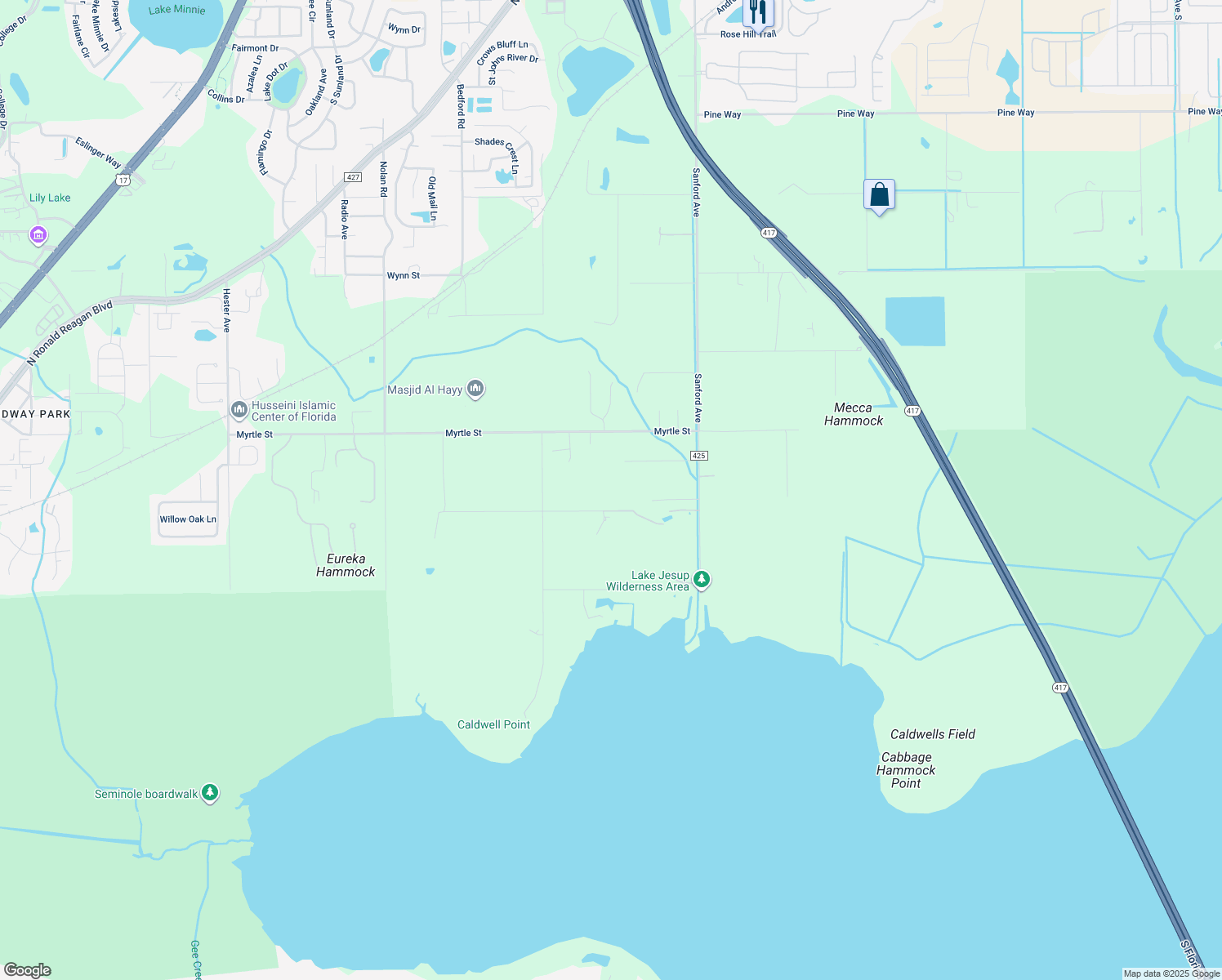 map of restaurants, bars, coffee shops, grocery stores, and more near 420 Lanark Street in Sanford