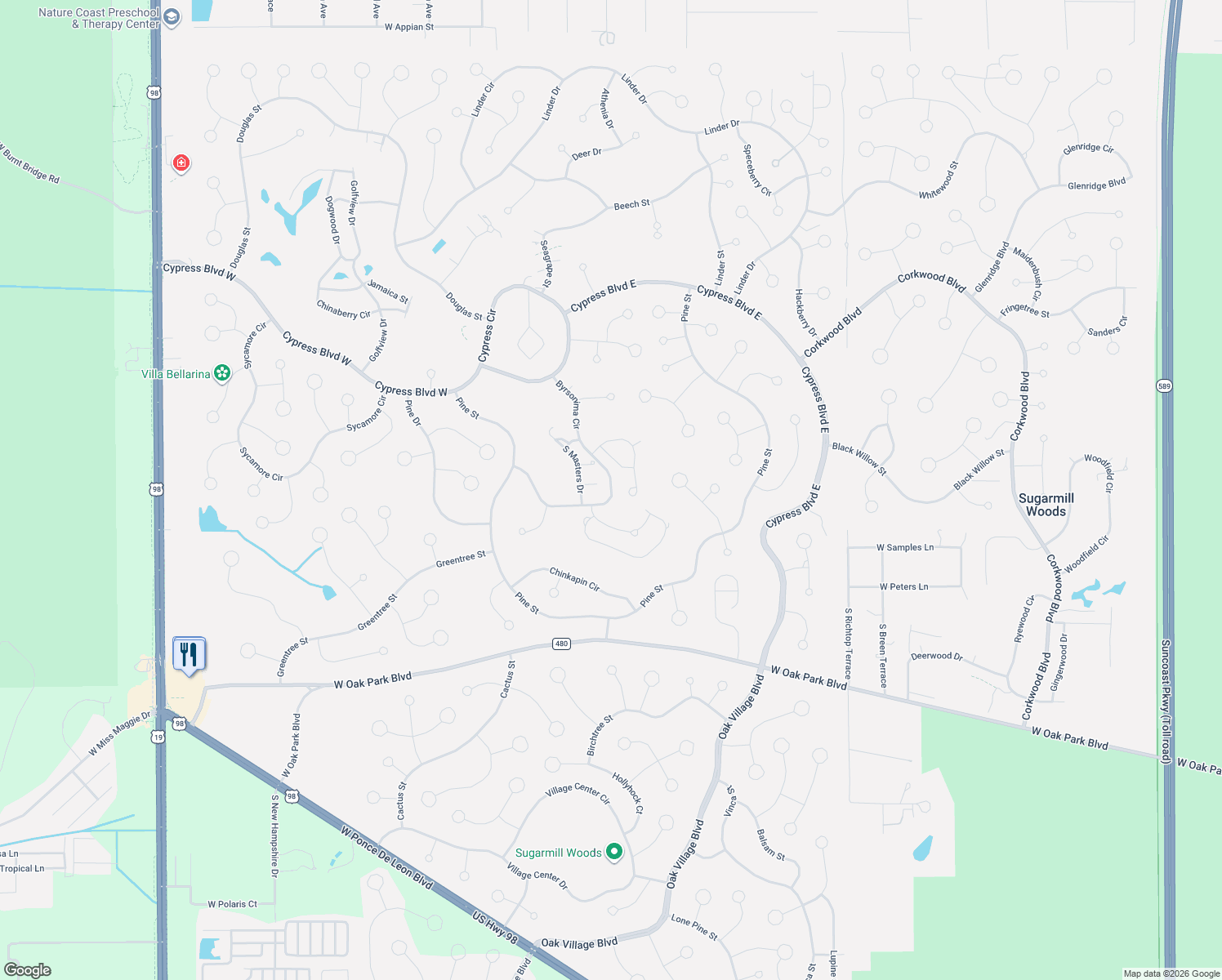 map of restaurants, bars, coffee shops, grocery stores, and more near 58 Byrsonima Circle in Homosassa