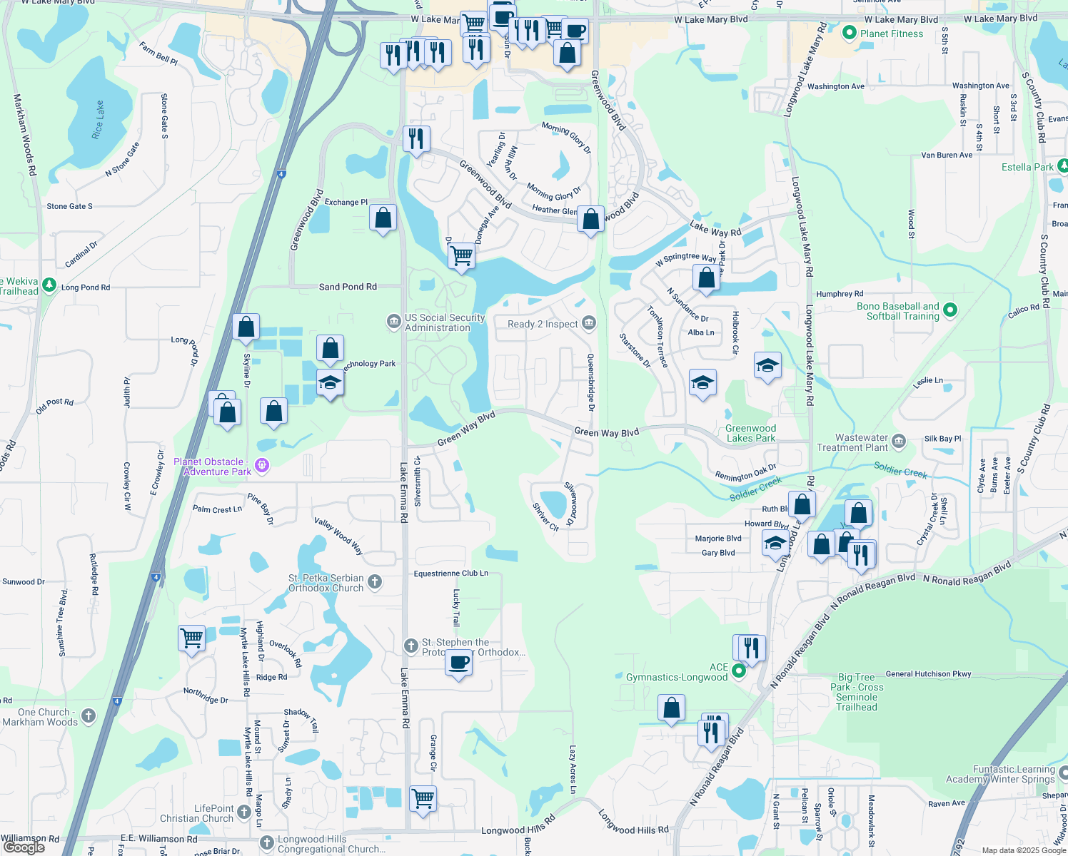 map of restaurants, bars, coffee shops, grocery stores, and more near 889 Silk Oak Terrace in Lake Mary