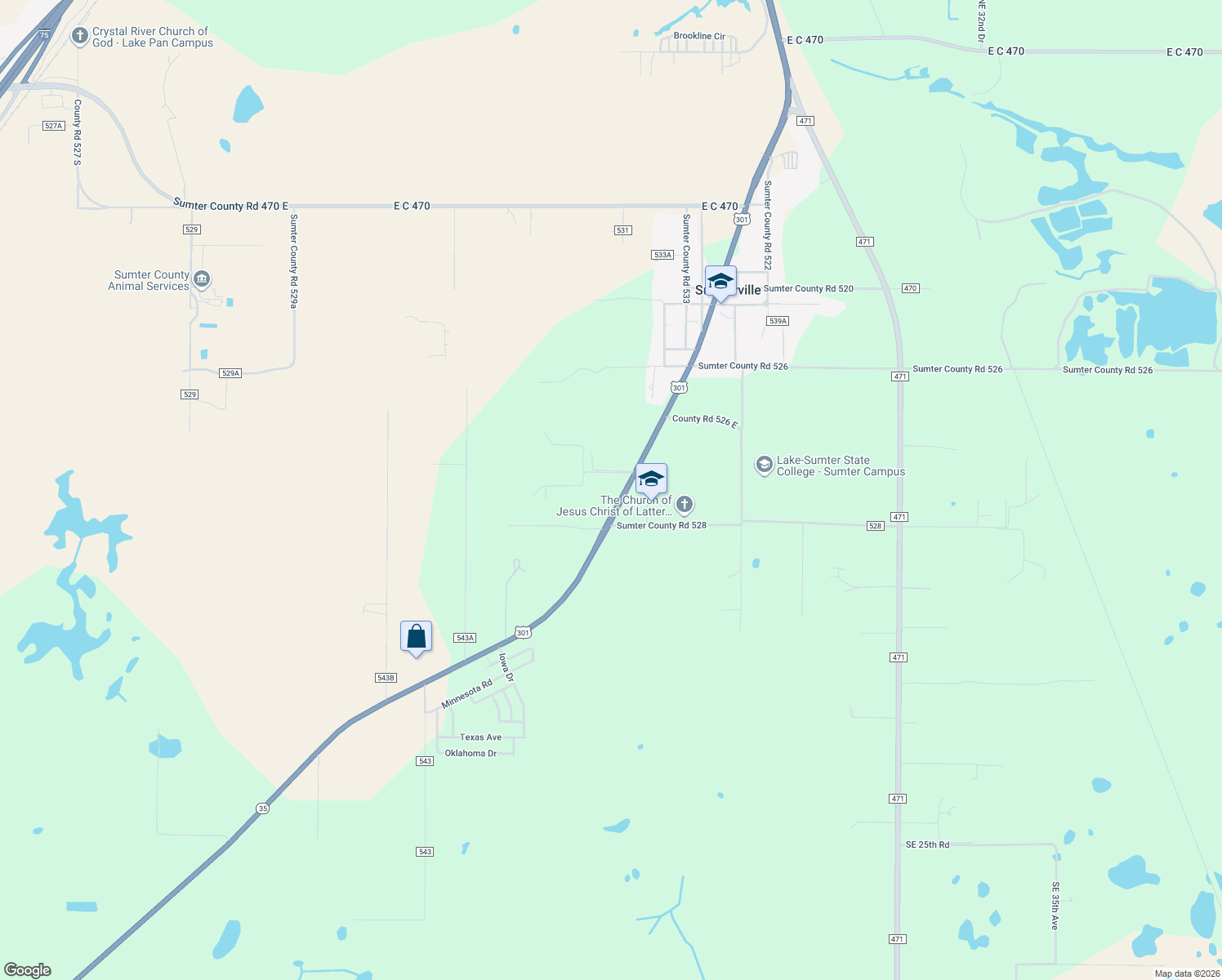 map of restaurants, bars, coffee shops, grocery stores, and more near 1412 U.S. 301 in Sumterville