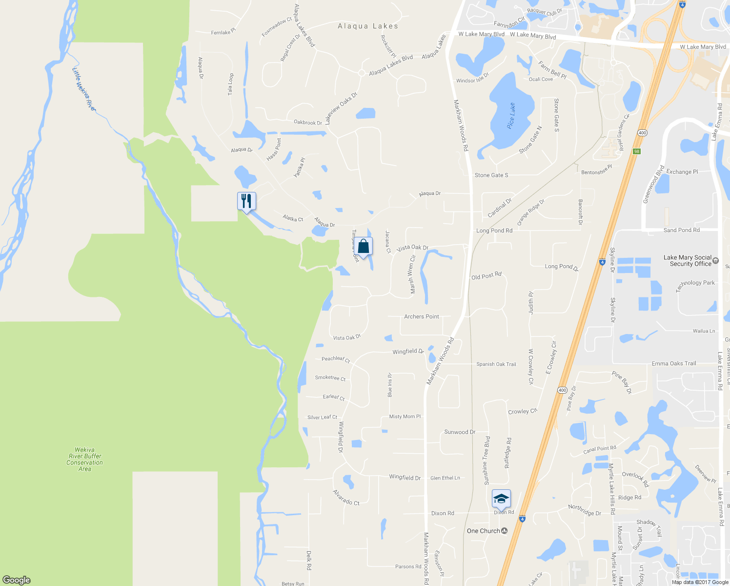 map of restaurants, bars, coffee shops, grocery stores, and more near 2725 Deer Berry Court in Longwood