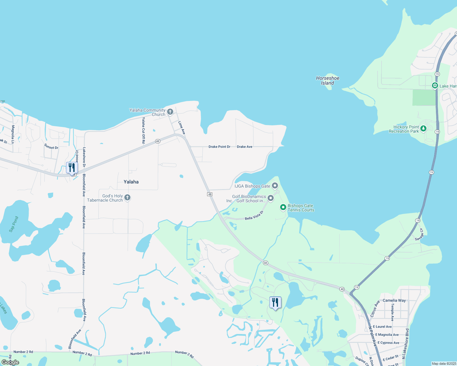 map of restaurants, bars, coffee shops, grocery stores, and more near 9605 County Road 48 in Howey-in-the-Hills