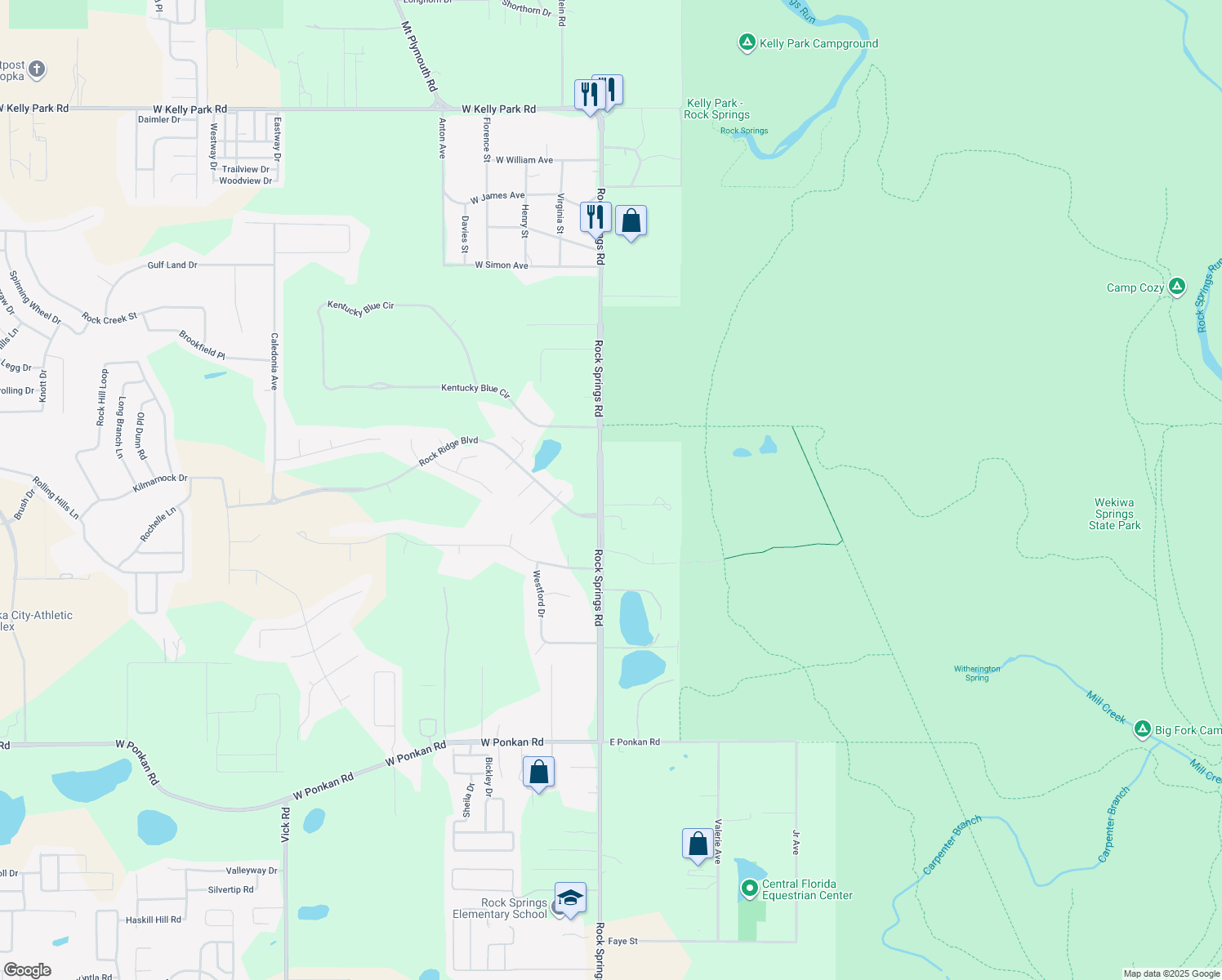 map of restaurants, bars, coffee shops, grocery stores, and more near 3795 Rock Springs Road in Apopka
