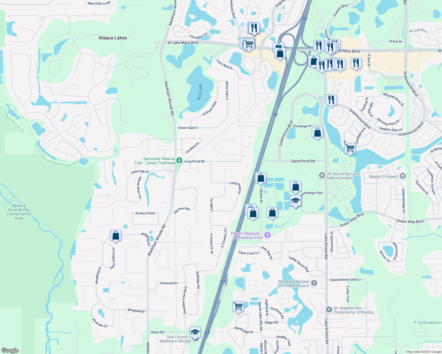 map of restaurants, bars, coffee shops, grocery stores, and more near 2119 Judith Place in Longwood
