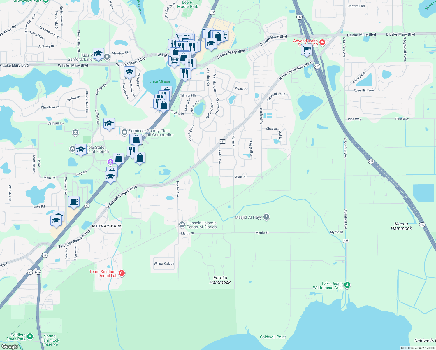 map of restaurants, bars, coffee shops, grocery stores, and more near 4454 Radio Avenue in Sanford