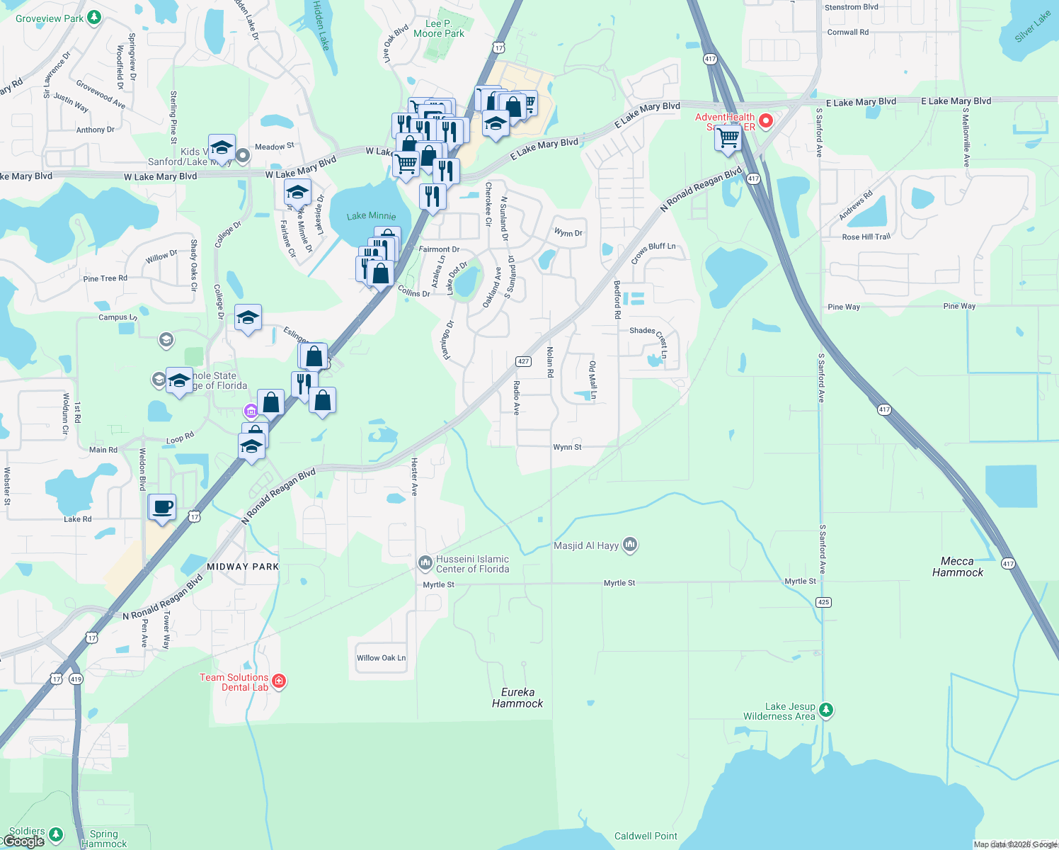 map of restaurants, bars, coffee shops, grocery stores, and more near 1220 John Lord Street in Sanford