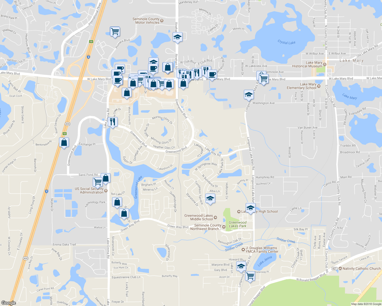 map of restaurants, bars, coffee shops, grocery stores, and more near 301 Mainsail Court in Lake Mary