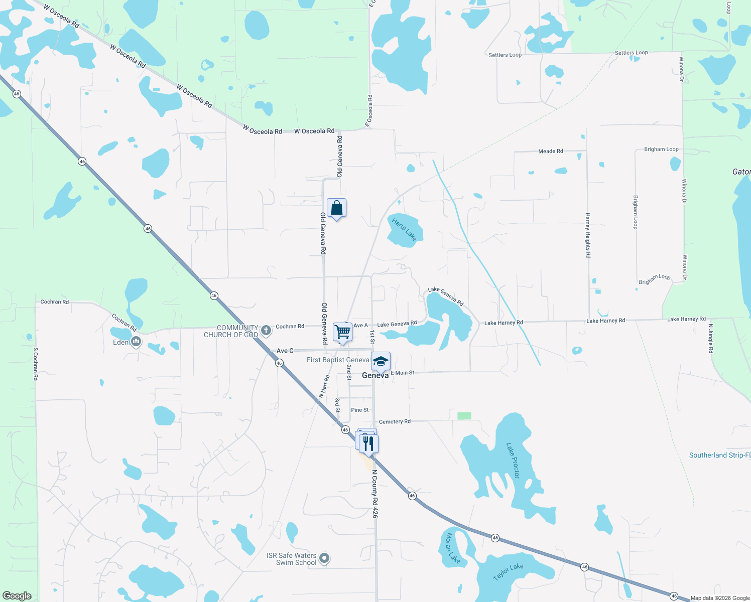 map of restaurants, bars, coffee shops, grocery stores, and more near 3630 Beatrice Cove in Geneva
