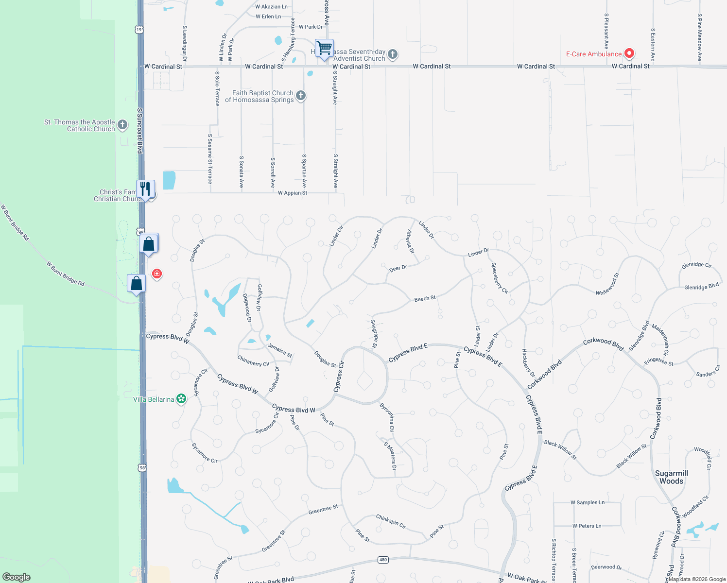 map of restaurants, bars, coffee shops, grocery stores, and more near 7 Beech Court South in Homosassa
