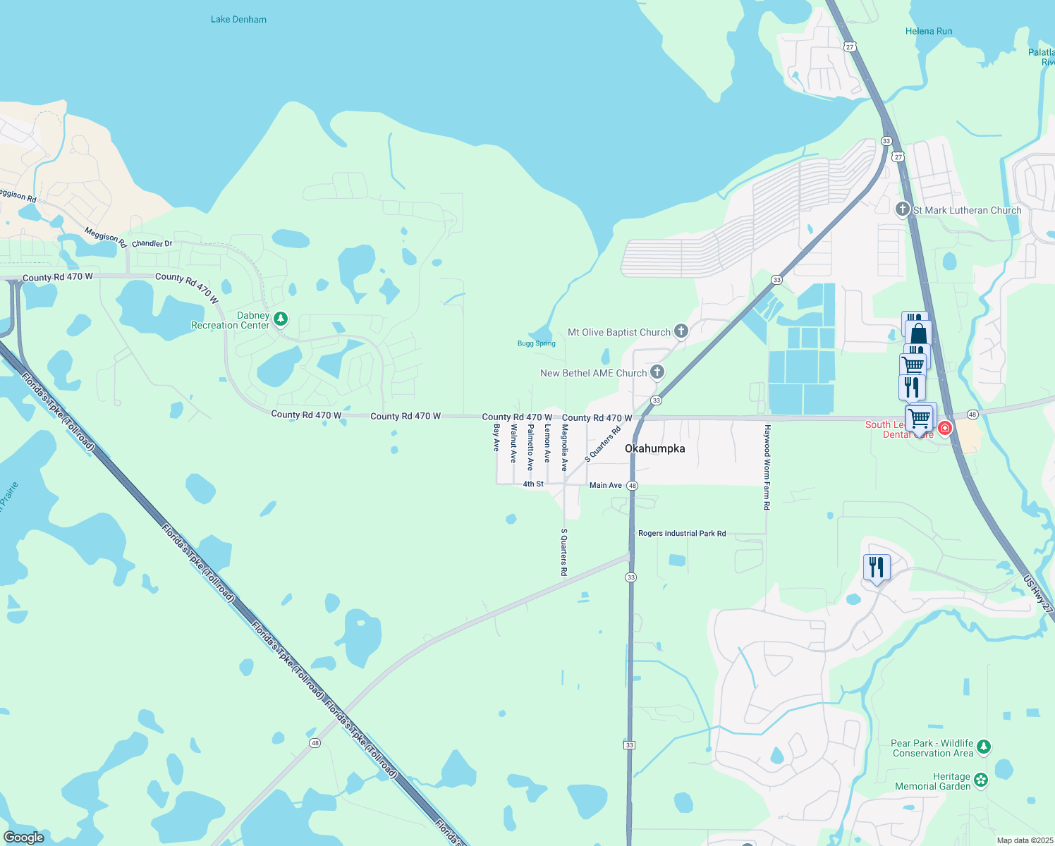 map of restaurants, bars, coffee shops, grocery stores, and more near 27445 Palmetto Avenue in Okahumpka