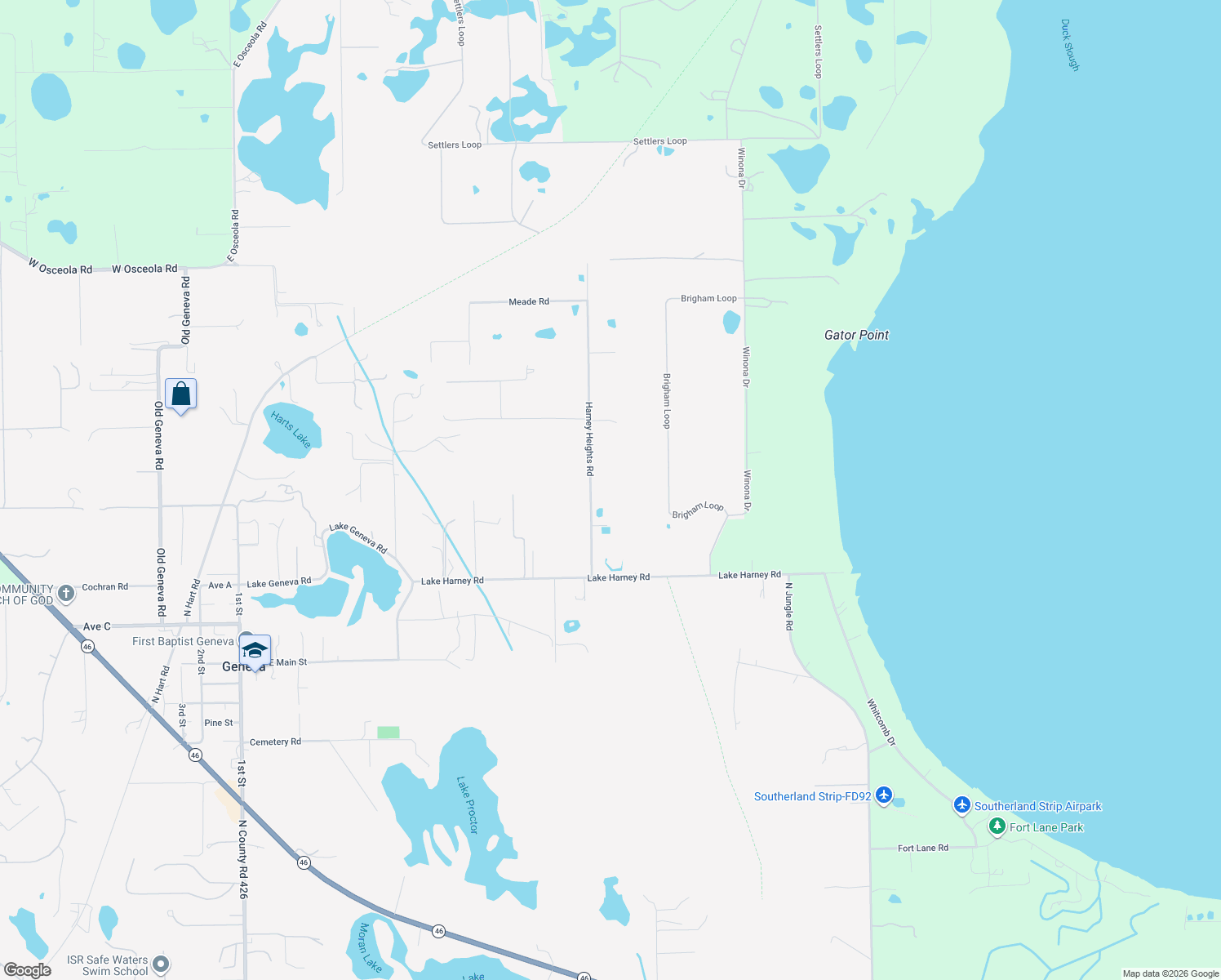 map of restaurants, bars, coffee shops, grocery stores, and more near 517 Harney Heights Road in Geneva