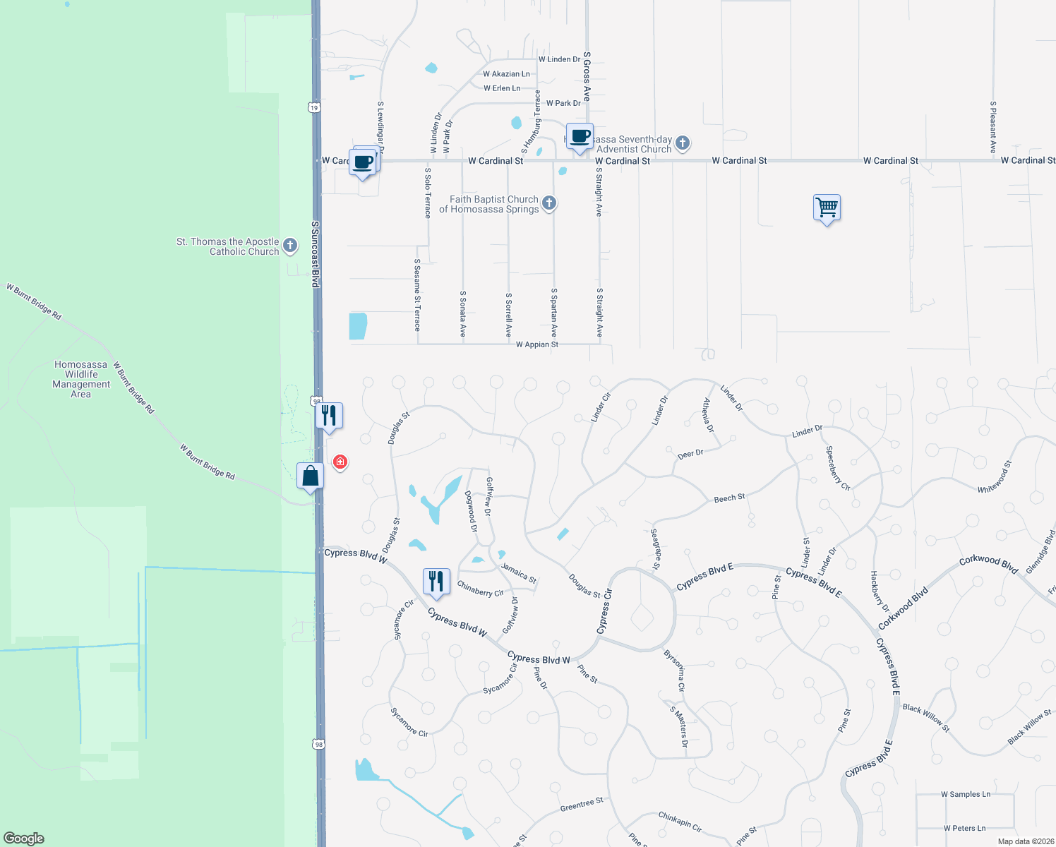 map of restaurants, bars, coffee shops, grocery stores, and more near 13 Beverly Court in Homosassa