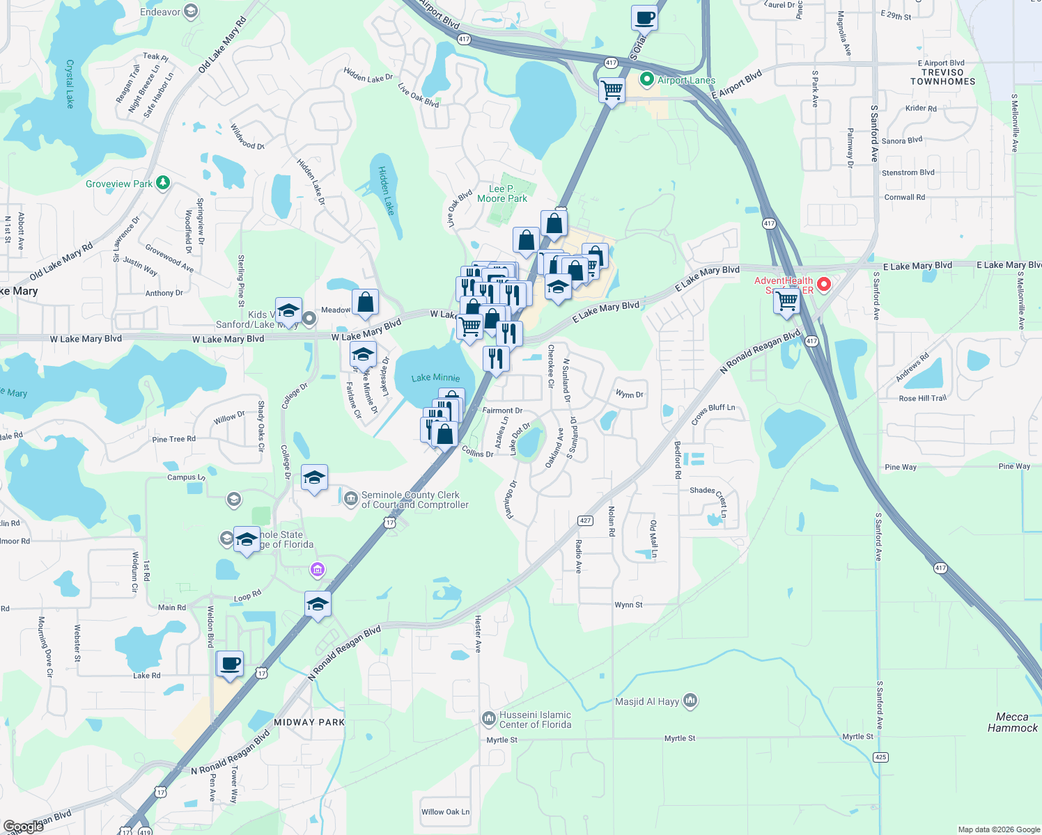 map of restaurants, bars, coffee shops, grocery stores, and more near 303 Fairmont Dr in Sanford