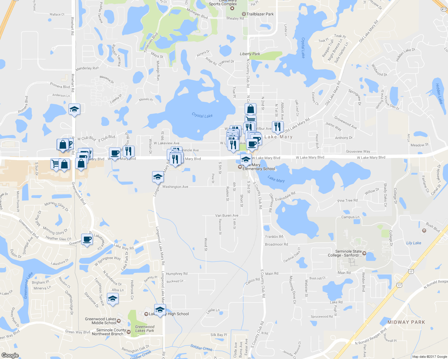 map of restaurants, bars, coffee shops, grocery stores, and more near 189 South 5th Street in Lake Mary