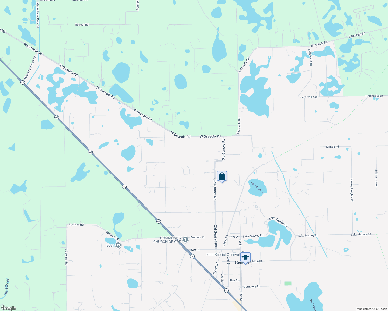 map of restaurants, bars, coffee shops, grocery stores, and more near 505 West Osceola Road in Geneva