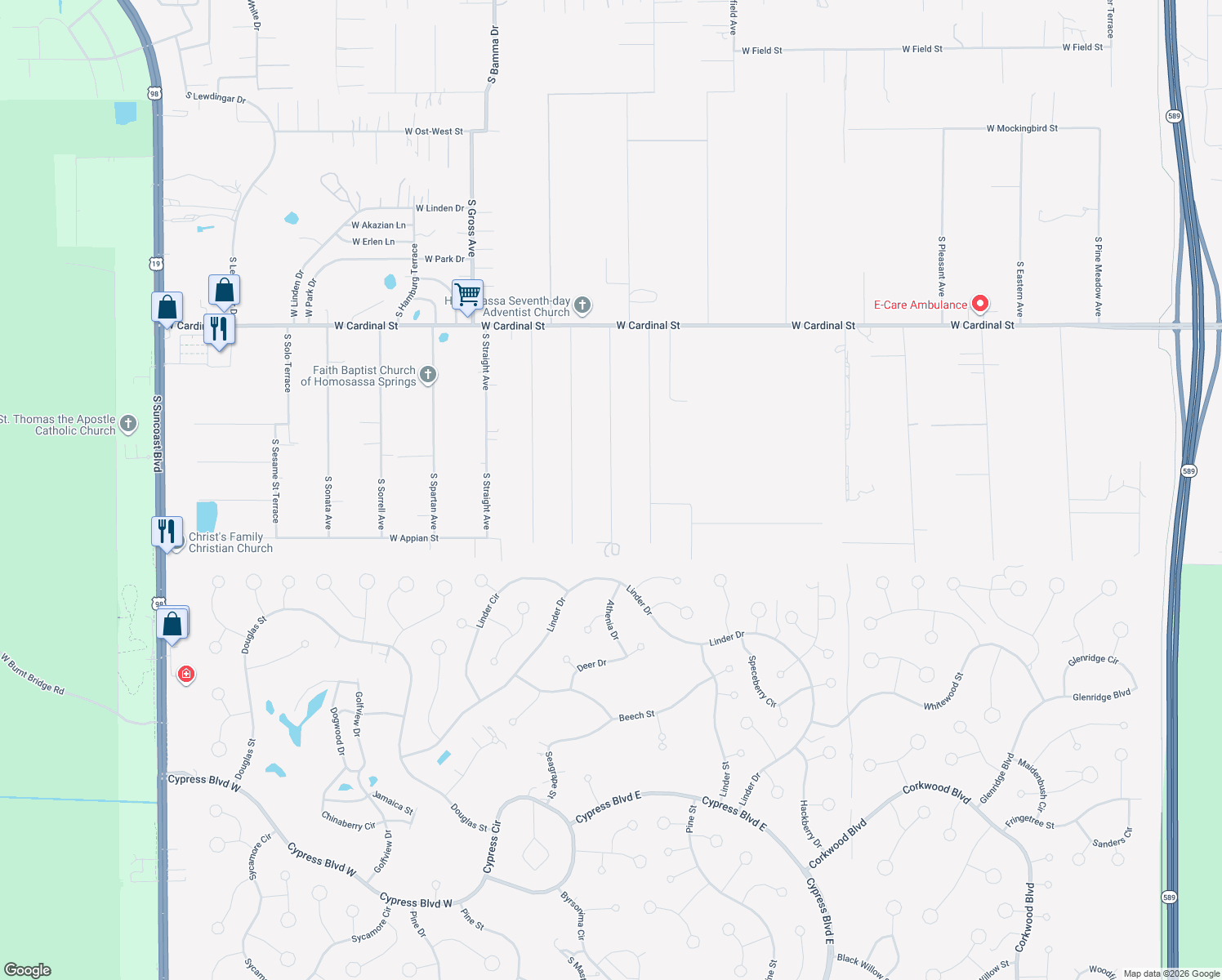 map of restaurants, bars, coffee shops, grocery stores, and more near 7263 South Threshold Point in Homosassa
