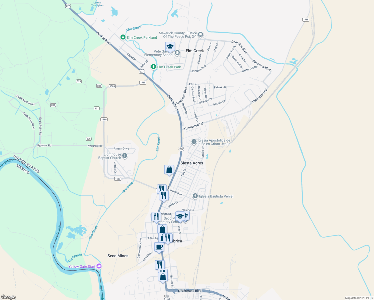 map of restaurants, bars, coffee shops, grocery stores, and more near 1296 Agarita Drive in Eagle Pass