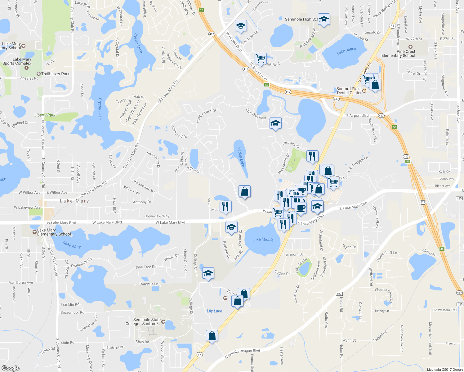 map of restaurants, bars, coffee shops, grocery stores, and more near 2917 South Orlando Drive in Sanford