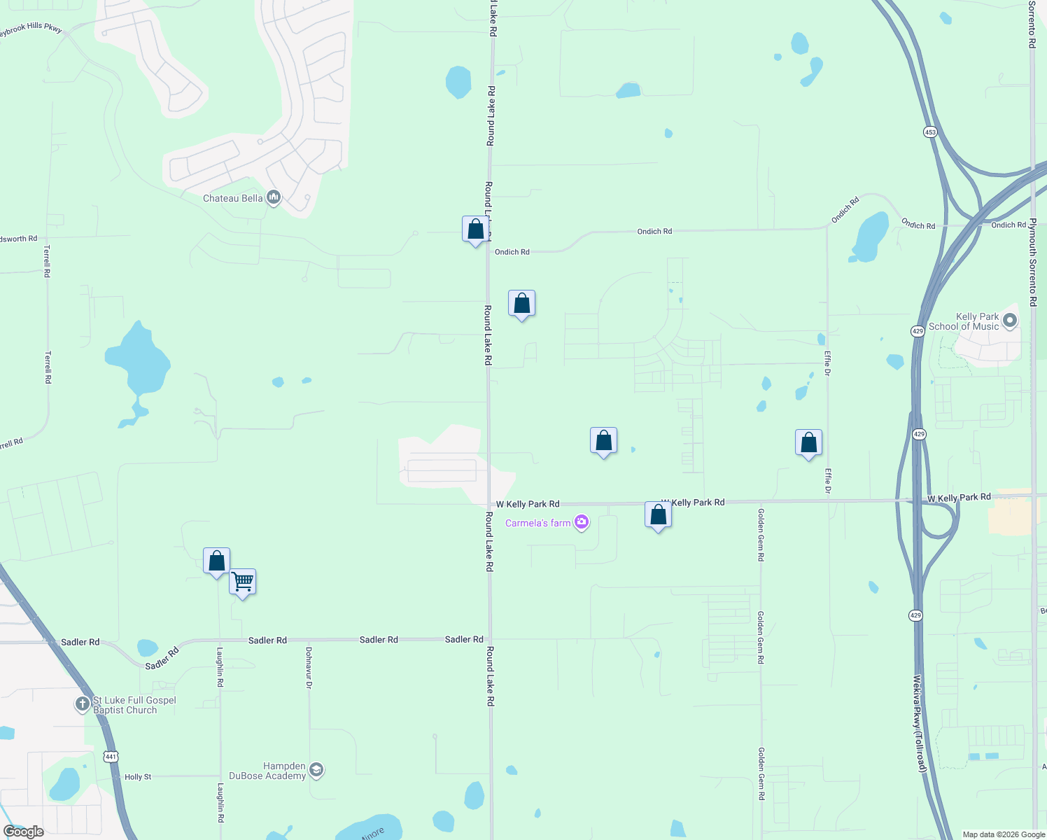 map of restaurants, bars, coffee shops, grocery stores, and more near 5303 Round Lake Road in Apopka