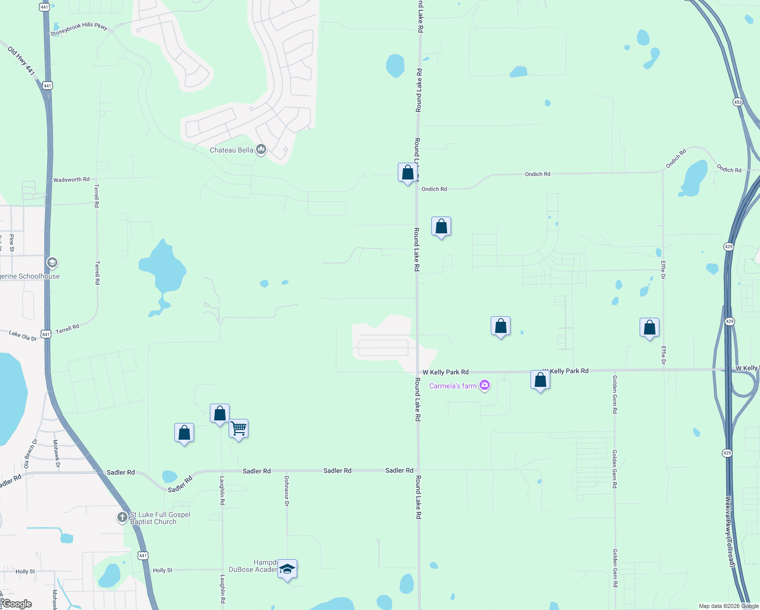 map of restaurants, bars, coffee shops, grocery stores, and more near 5332 Round Lake Road in Apopka